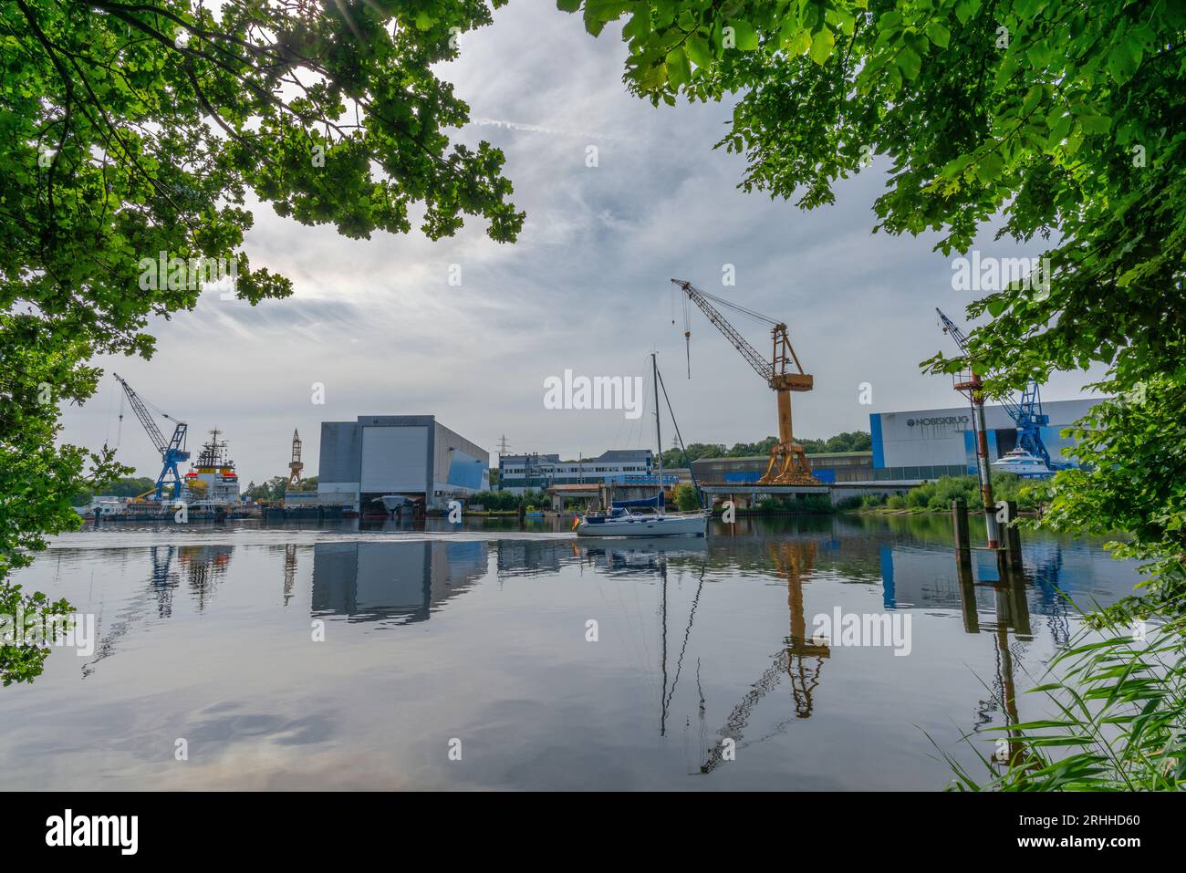 Werft or ship yrads Nobiskrug GmbH, specialized on yachts, Kiel Canal,  Rendsburg, Schleswig-Holstein, Germany, Central Europe Stock Photo