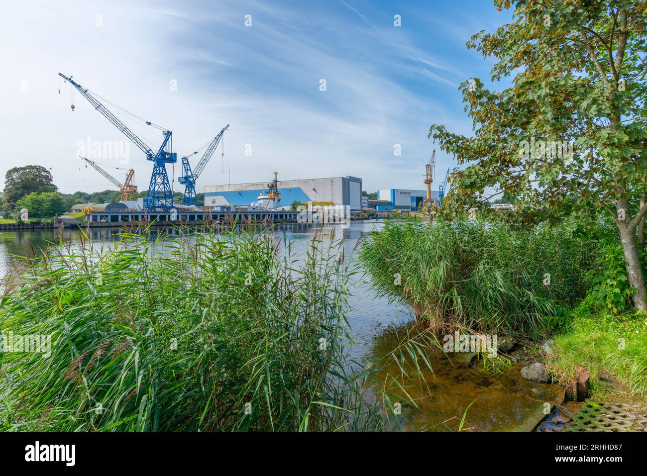 Werft or ship yrads Nobiskrug GmbH, specialized on yachts, Kiel Canal,  Rendsburg, Schleswig-Holstein, Germany, Central Europe Stock Photo