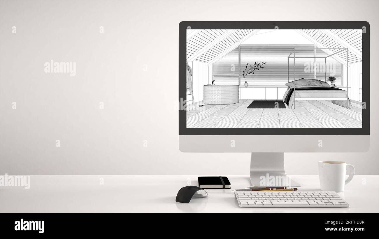 Architect house project concept, desktop computer on white background ...