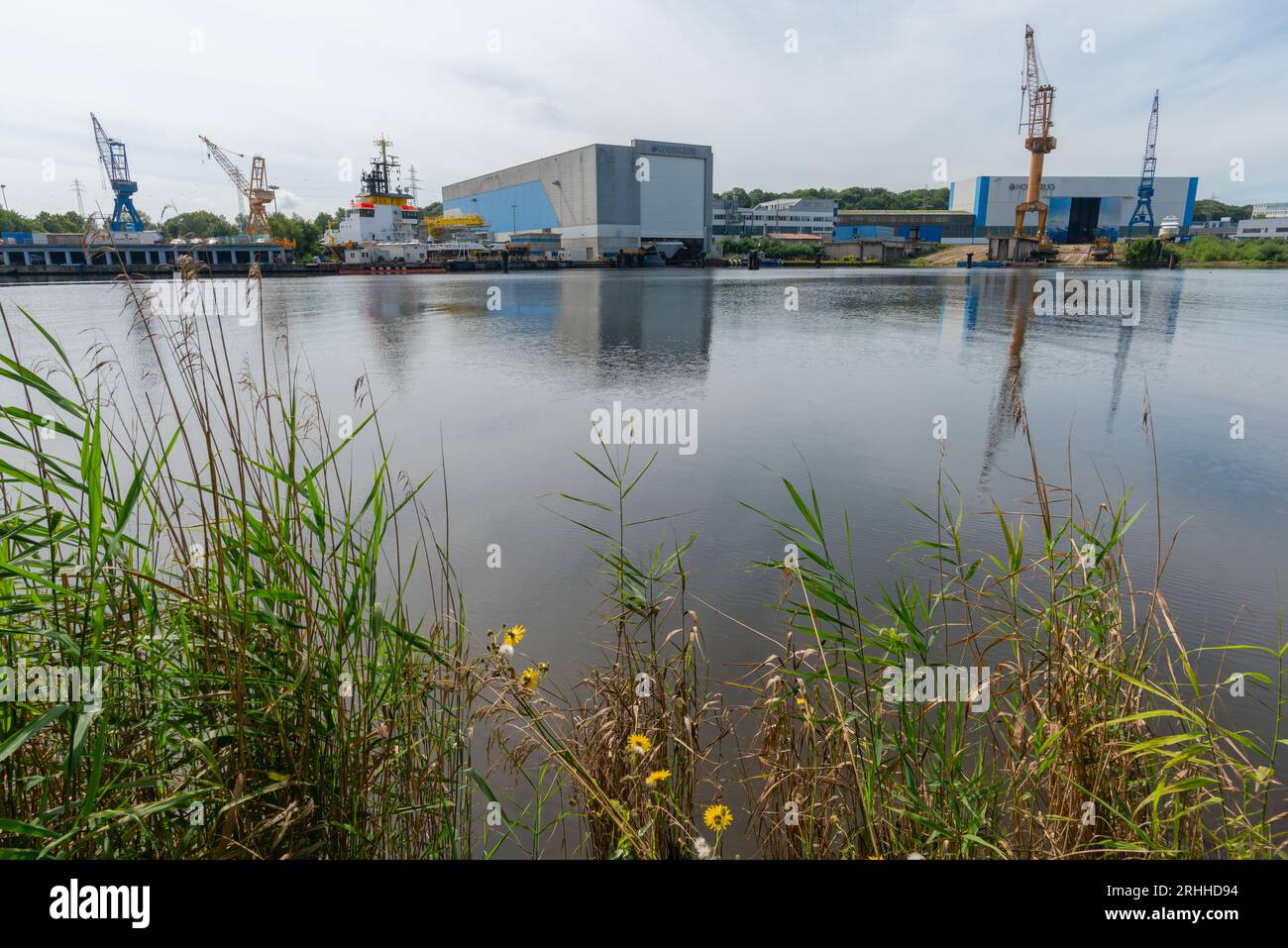 Werft or ship yrads Nobiskrug GmbH, specialized on yachts, Kiel Canal,  Rendsburg, Schleswig-Holstein, Germany, Central Europe Stock Photo