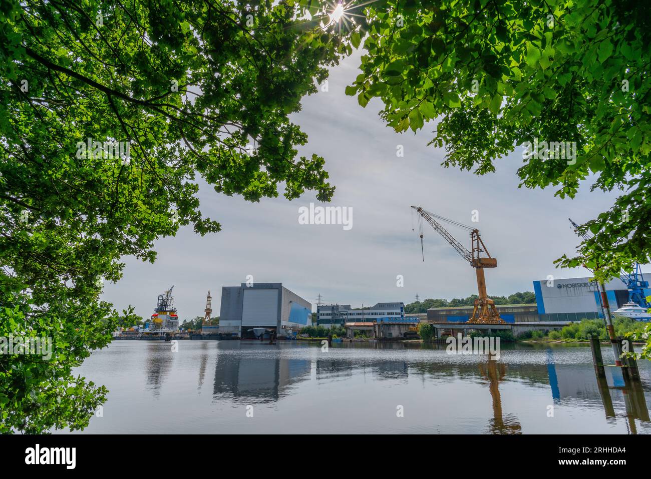 Werft or ship yrads Nobiskrug GmbH, specialized on yachts, Kiel Canal,  Rendsburg, Schleswig-Holstein, Germany, Central Europe Stock Photo