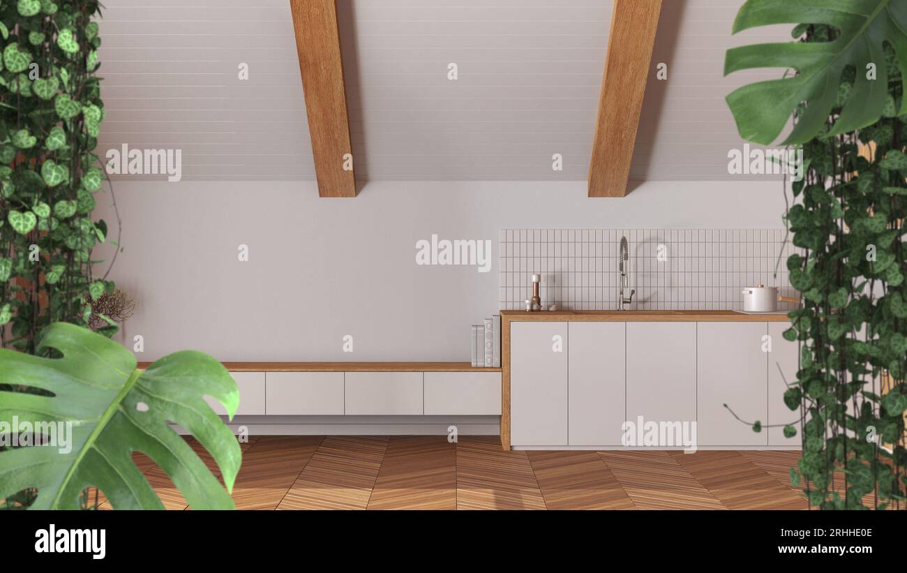 Jungle frame, biophilic concept idea interior design. Tropical leaves over minimal white kitchen with cabinets. Cerpegia woodii and monstera deliciosa Stock Photo