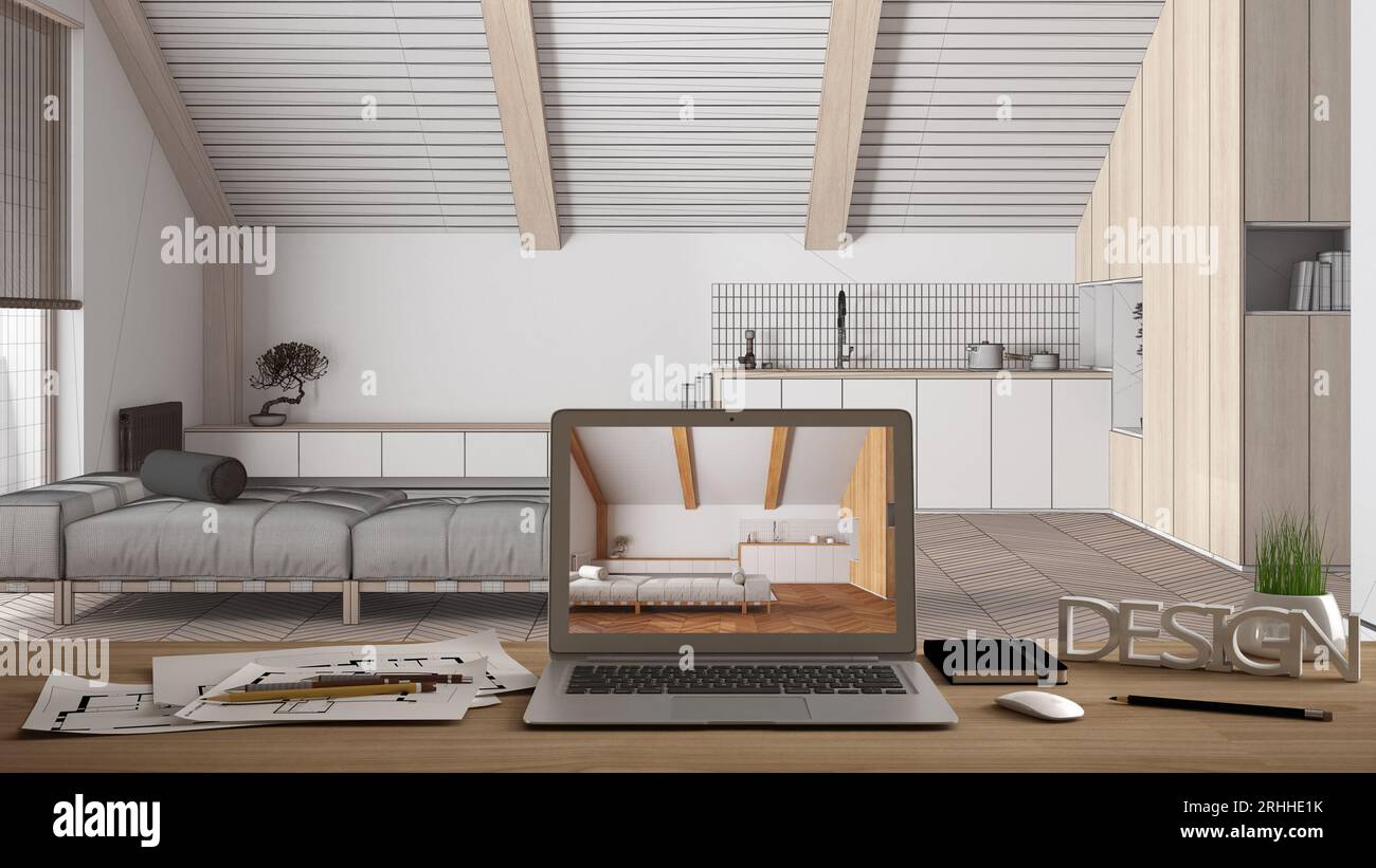Architect designer desktop concept, laptop on wooden work desk with ...