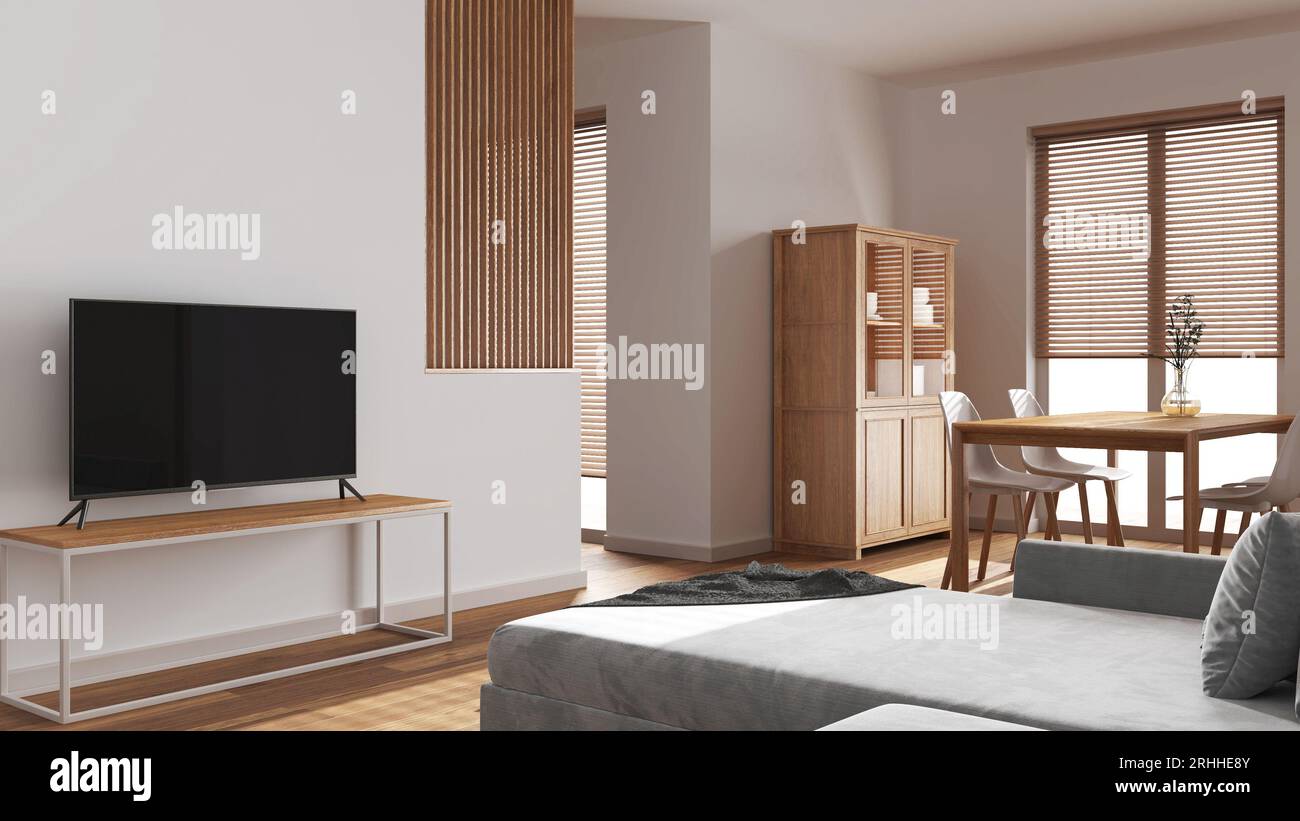 Minimal wooden dining and living room in white tones. Velvet sofa ...