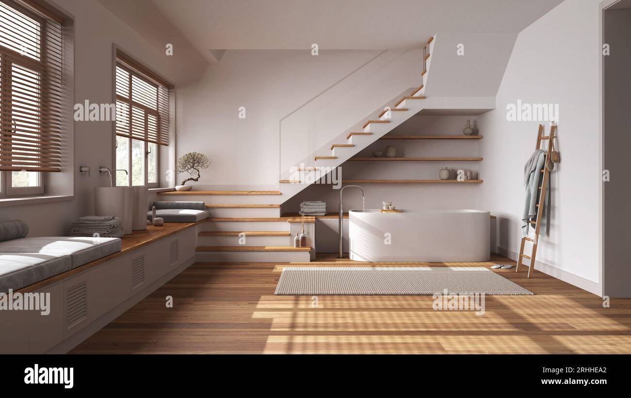 Wooden bathroom in white and beige tones. Bathtub and washbasin ...