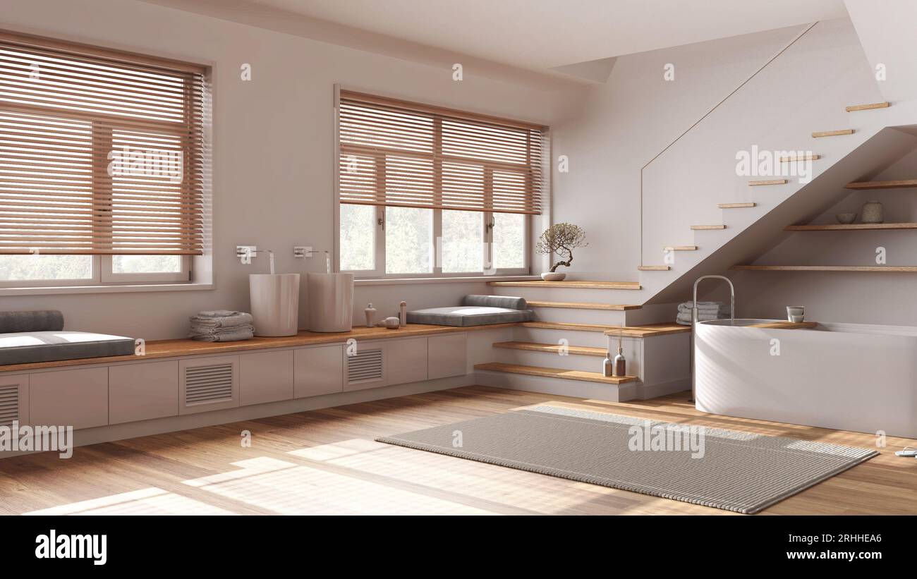 Minimal wooden bathroom in white and beige tones. Bathtub and washbasin ...