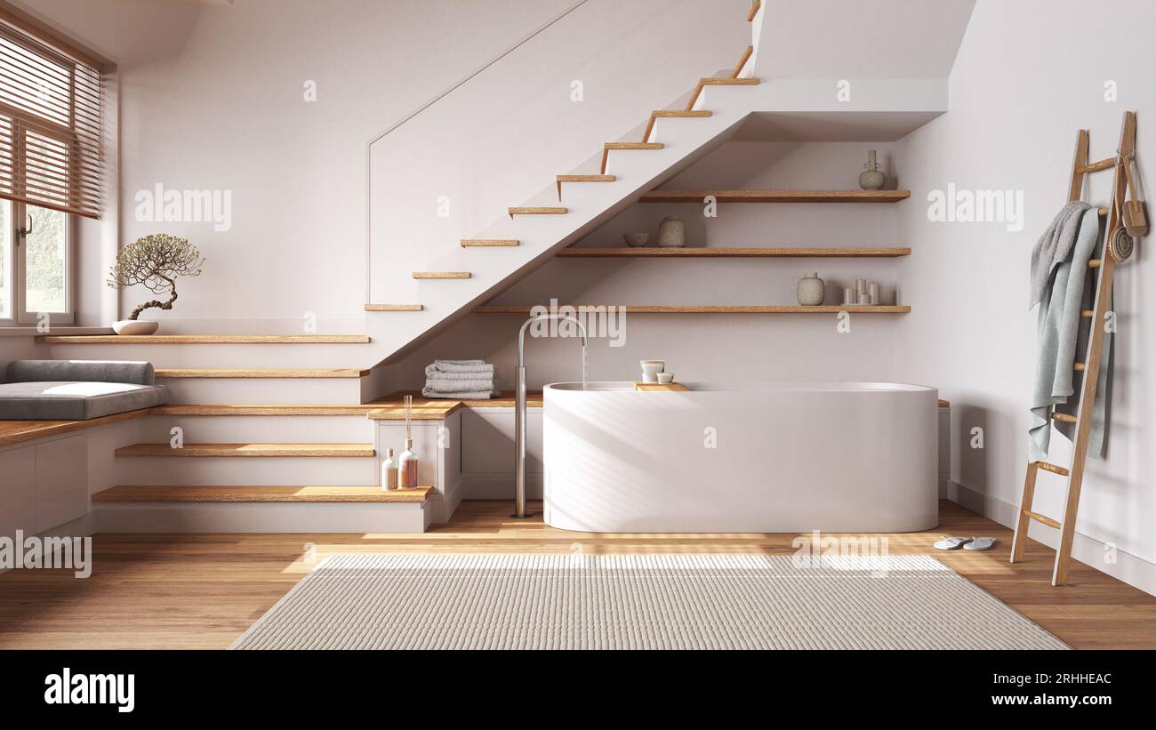 Wooden bathroom in white and beige tones. Bathtub, carpet, minimal ...