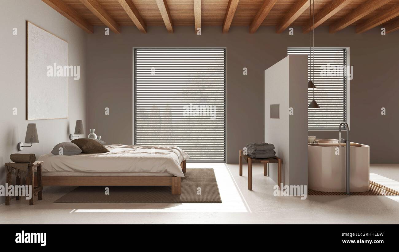Spa, hotel suite. Bedroom and bathroom in white tones. Wooden ceiling ...