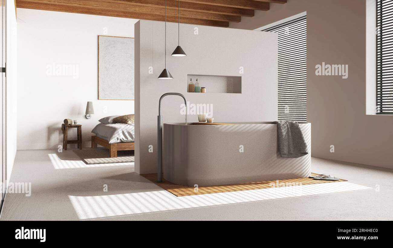Wooden bedroom and bathroom in white and beige tones with resin floor ...