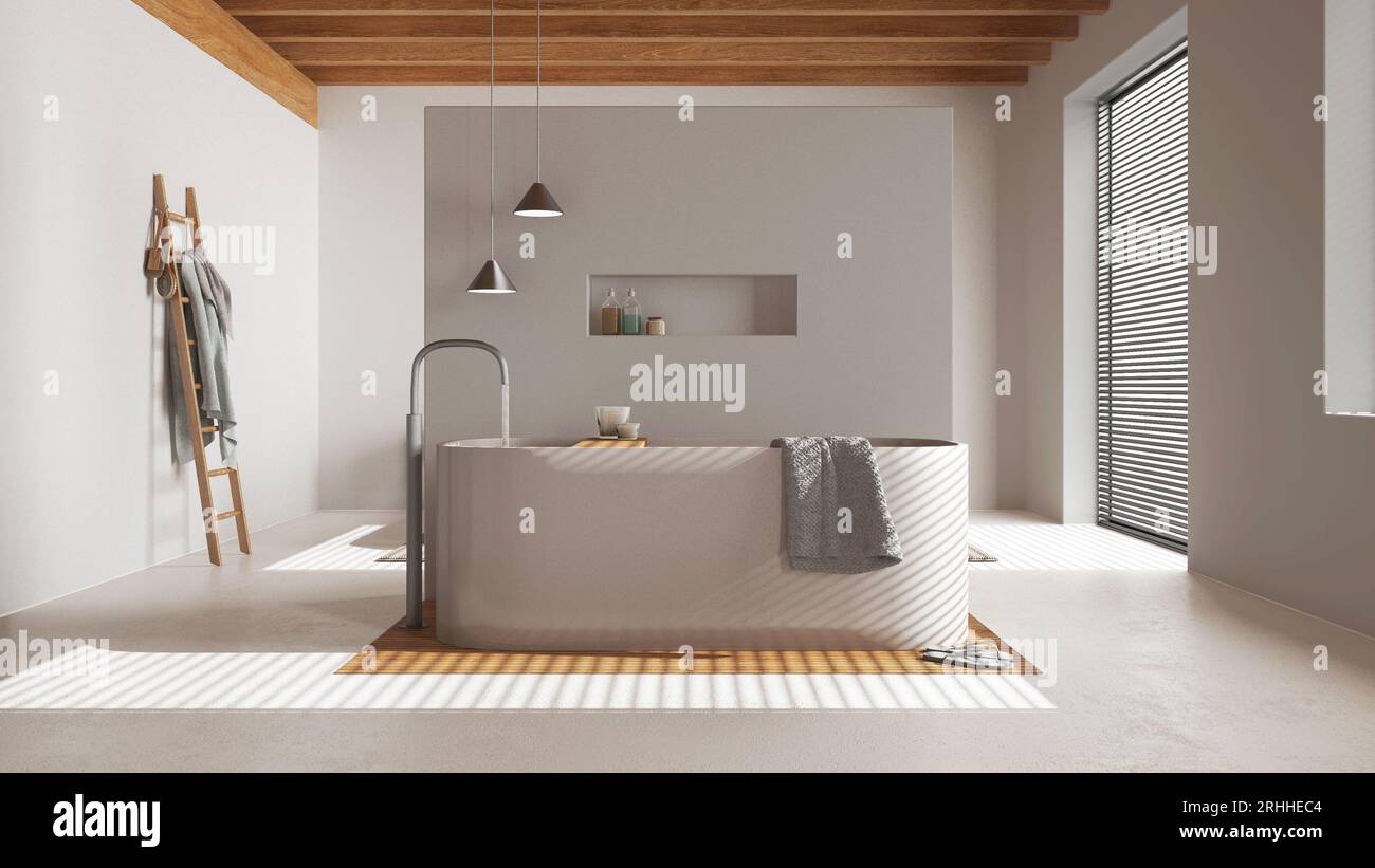 Minimalist wooden bathroom in white and beige tones. Resin floor ...