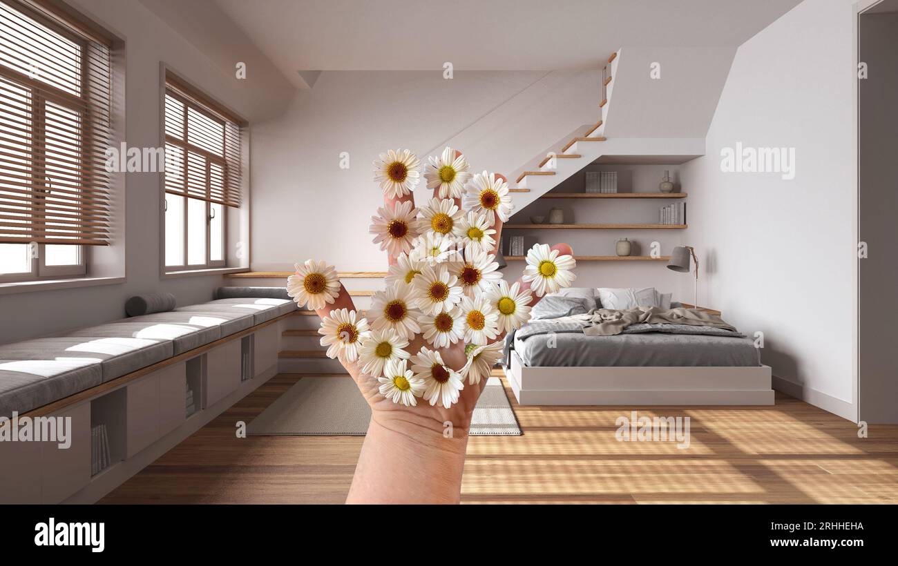 Woman's hand holding daisies, spring and flowers idea, over japandi ...