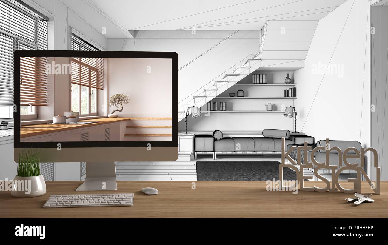 Architect designer project concept, wooden table with house keys, 3D