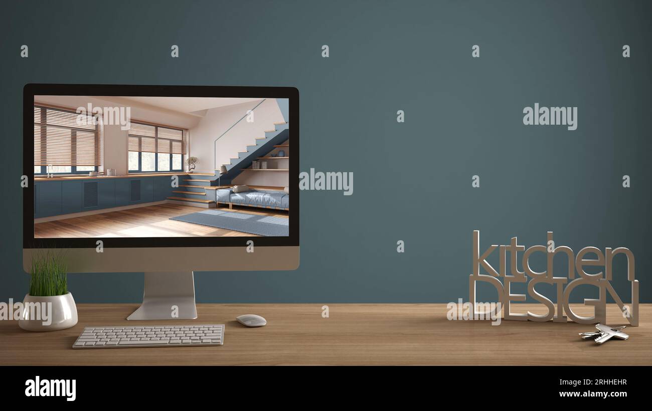 Architect designer project concept, wooden table with house keys, 3D