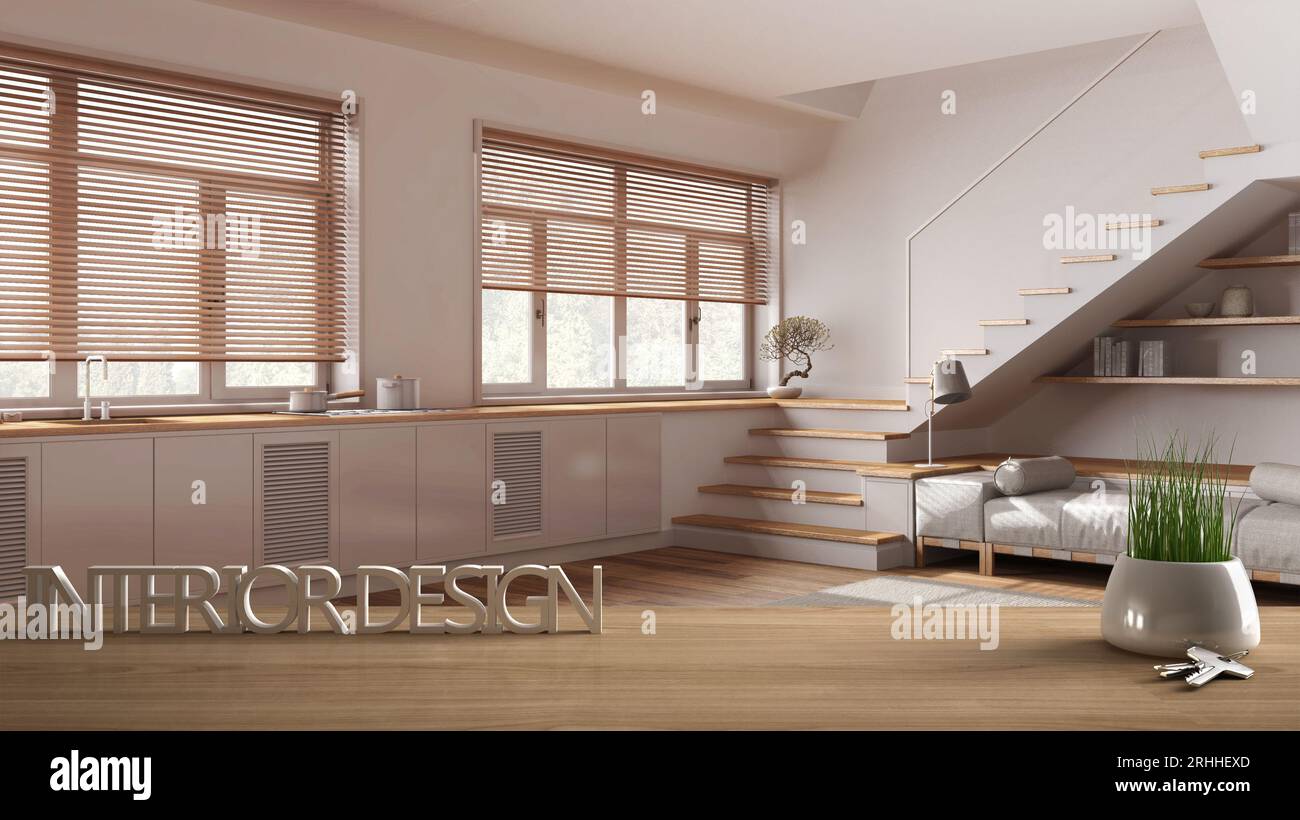 Wooden table, desk or shelf with potted grass plant, house keys and 3D ...