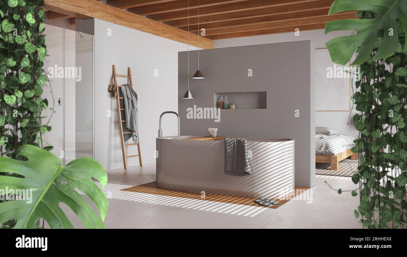 Jungle frame, biophilic concept idea interior design. Tropical leaves over minimal white bathroom with bathtub. Cerpegia woodii and monstera deliciosa Stock Photo