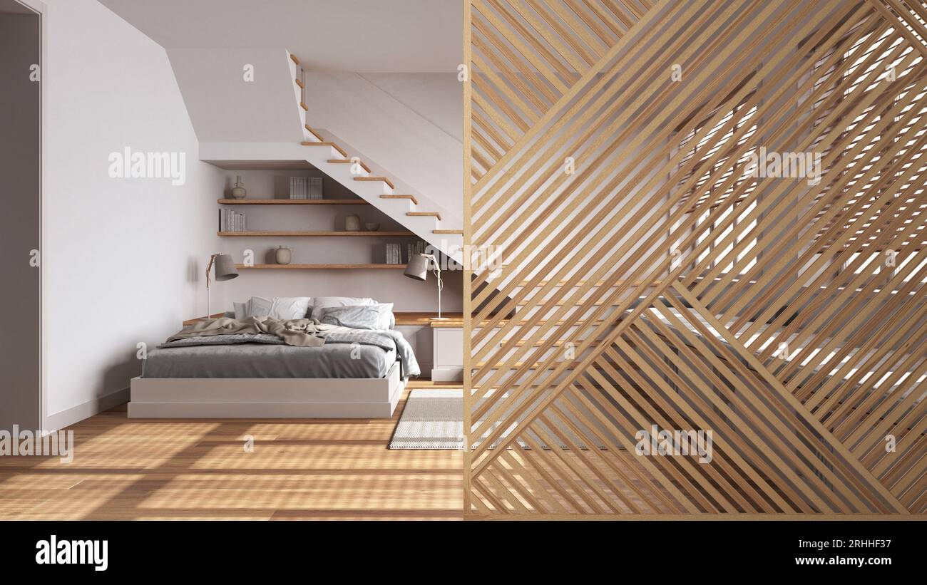 Wooden panel close-up, white minimal bedroom with bed and wooden staircase.  Zen interior design concept idea, contemporary architecture template Stock  Photo - Alamy, image size:1300x821