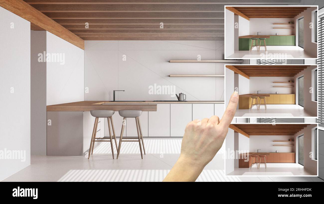 Architect designer concept, hand showing minimal japandi kitchen with ...