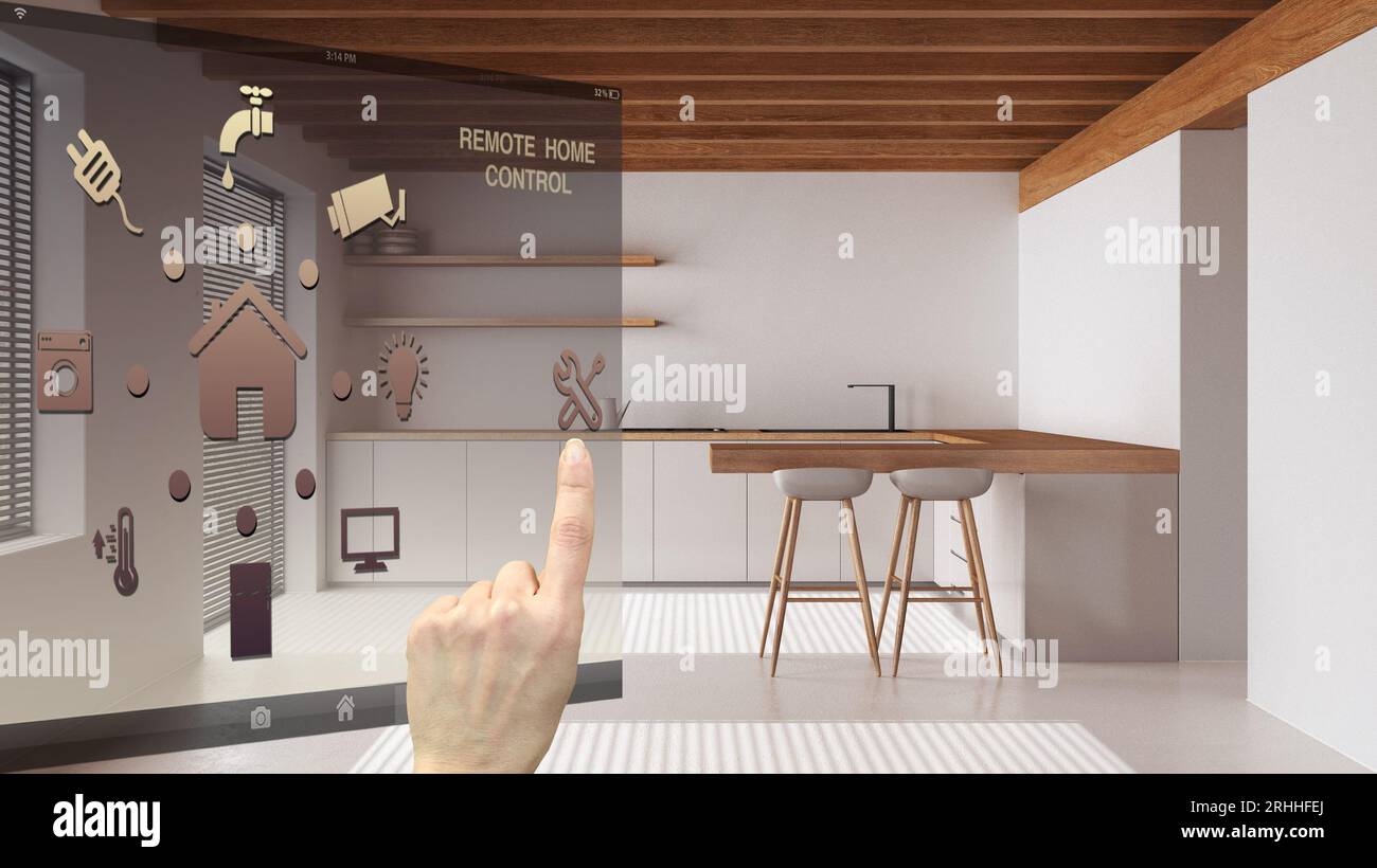 Smart home control concept, hand controlling digital interface from ...