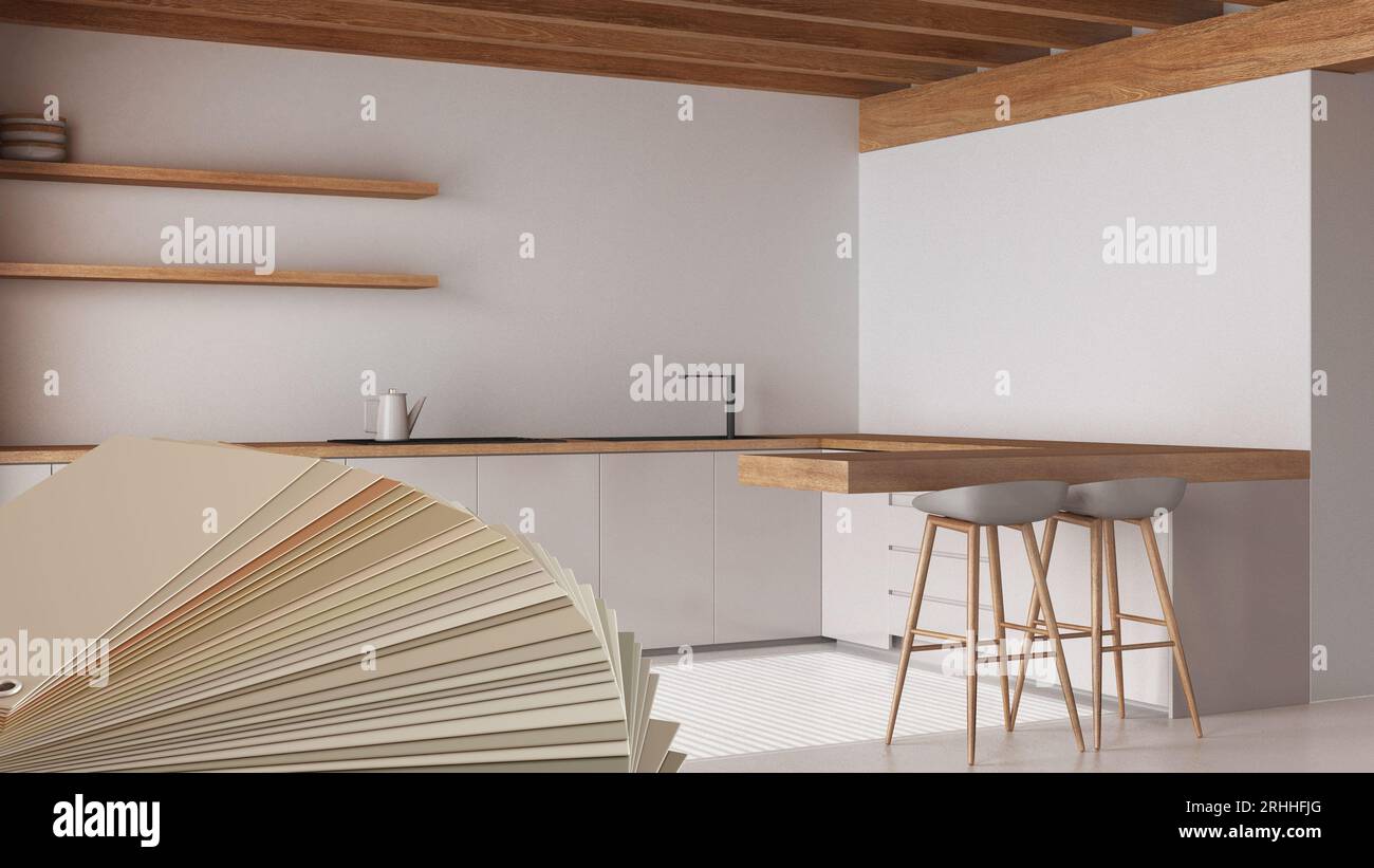 Color palette close up sample. Paint selection catalog over interior design scene, modern minimalist kitchen with island and stools in contemporary ap Stock Photo