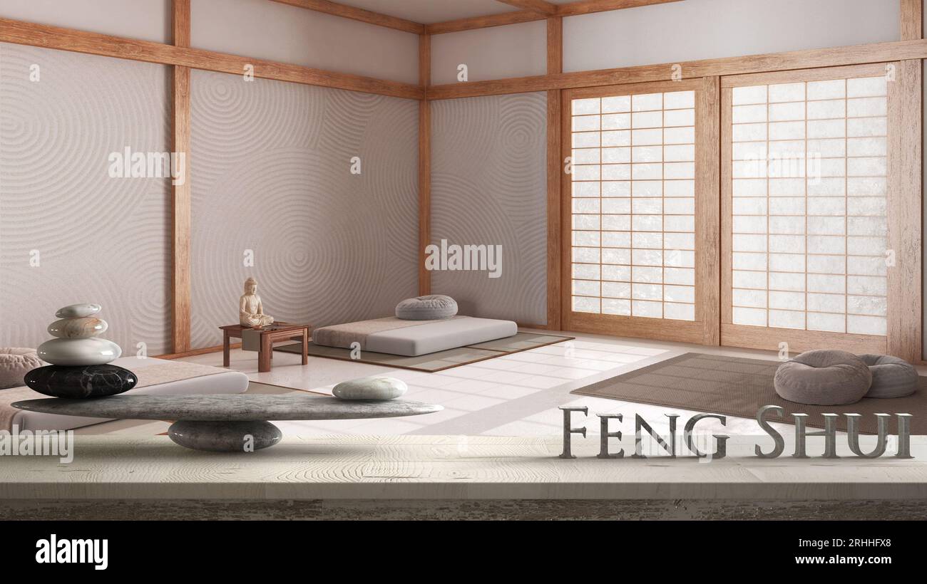 Wooden vintage table shelf with stone balance and 3d letters making the