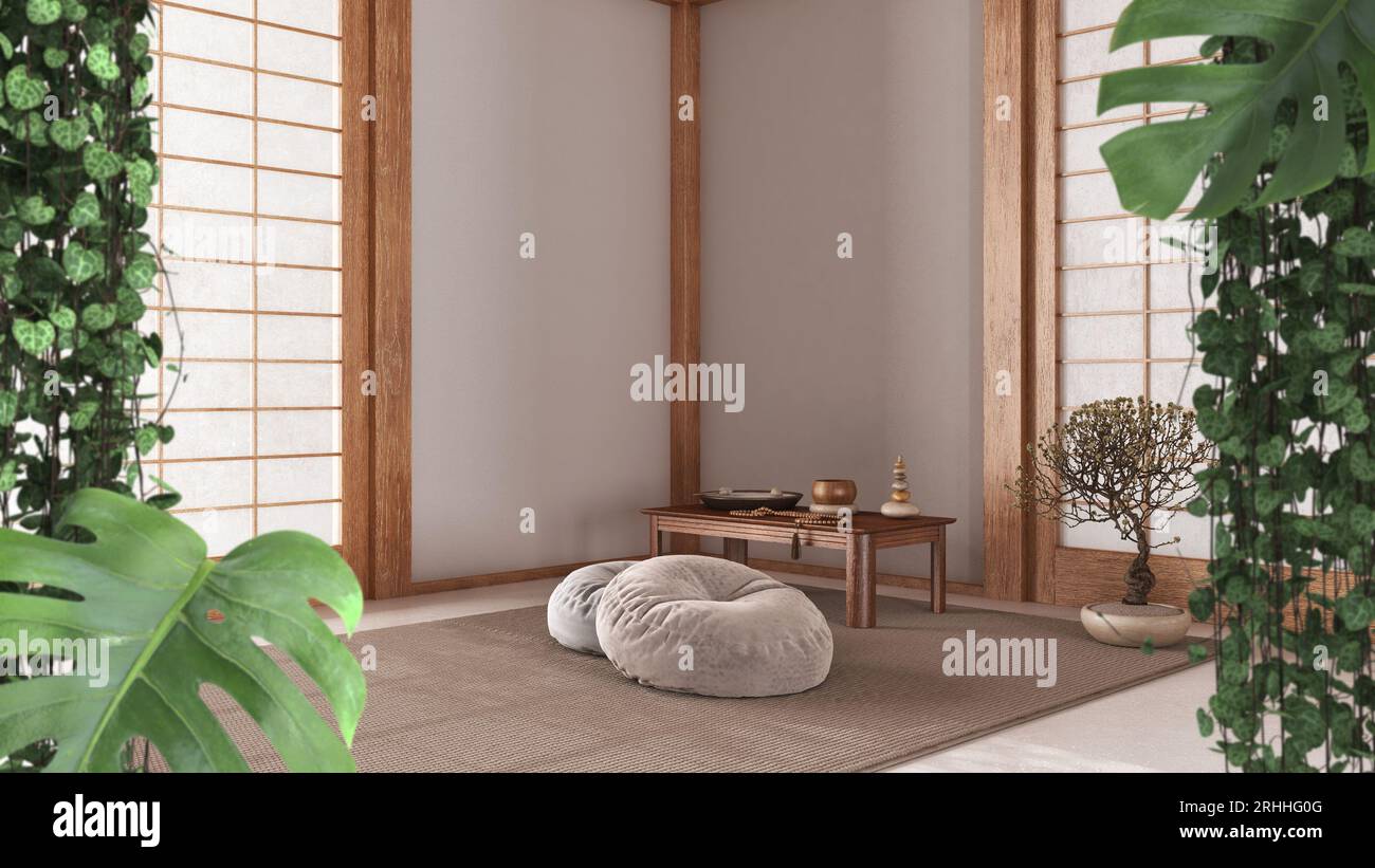 Jungle frame, biophilic concept idea interior design. Tropical leaves over mminimal meditation room with paper doors and tatami mats. Cerpegia woodii Stock Photo