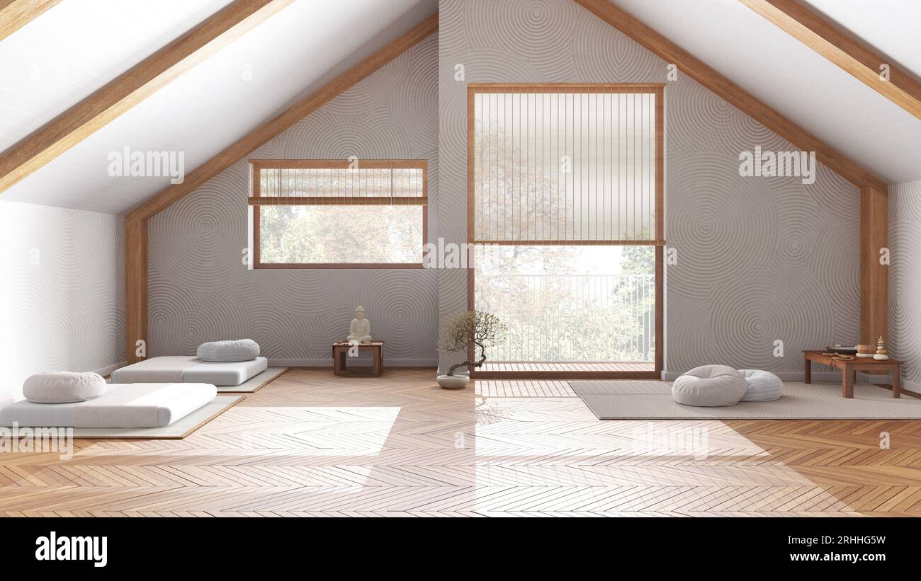 Minimal meditation room in white and beige tones in wooden penthouse ...