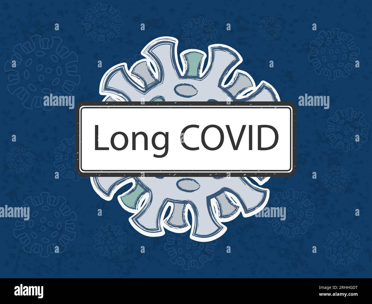 Long COVID written in the sign. Coronovirus with different colored spike proteins in the background. Dark blue background with pale viruses around. Stock Vector
