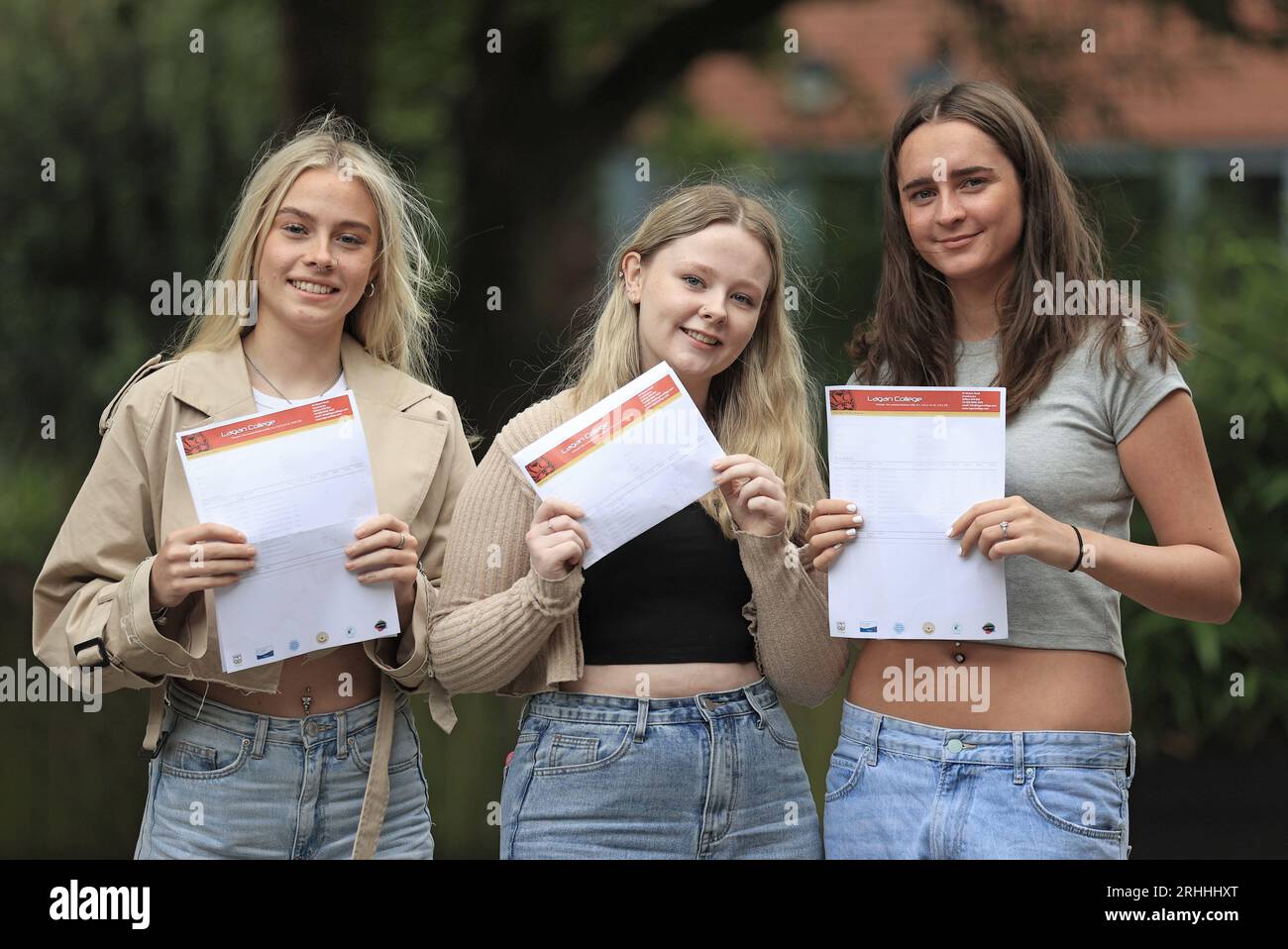 STUDENT DETAILS PIXELATED BY PA PICTURE DESK (Left-right) Ruby Devine, Rosemary Polland, and Alice Kelly receive their A-level results at Lagan College, Belfast. Picture date: Thursday August 17, 2023. Stock Photo