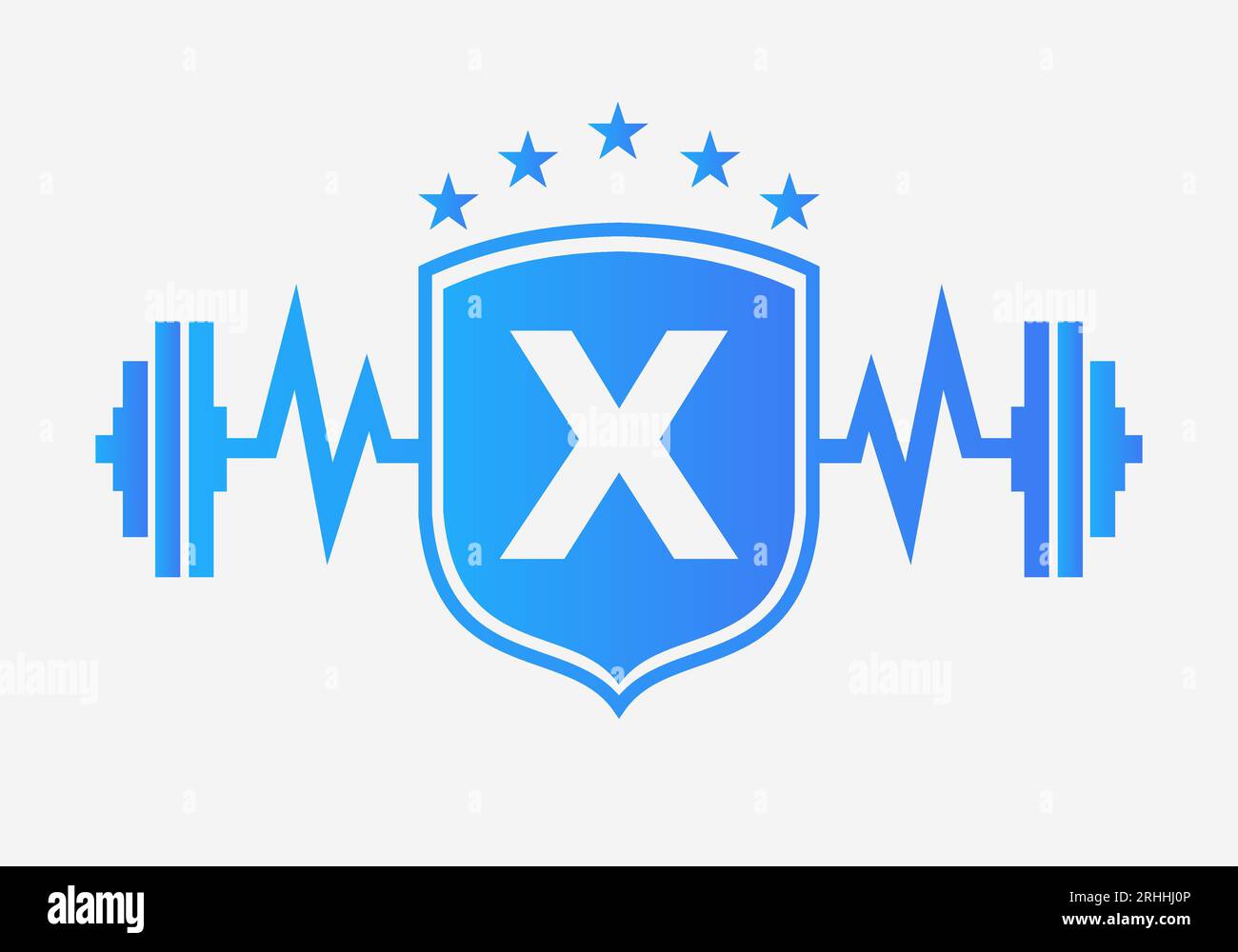 Letter X Gym Fitness Logo Design Concept With Barbell Shield and Start