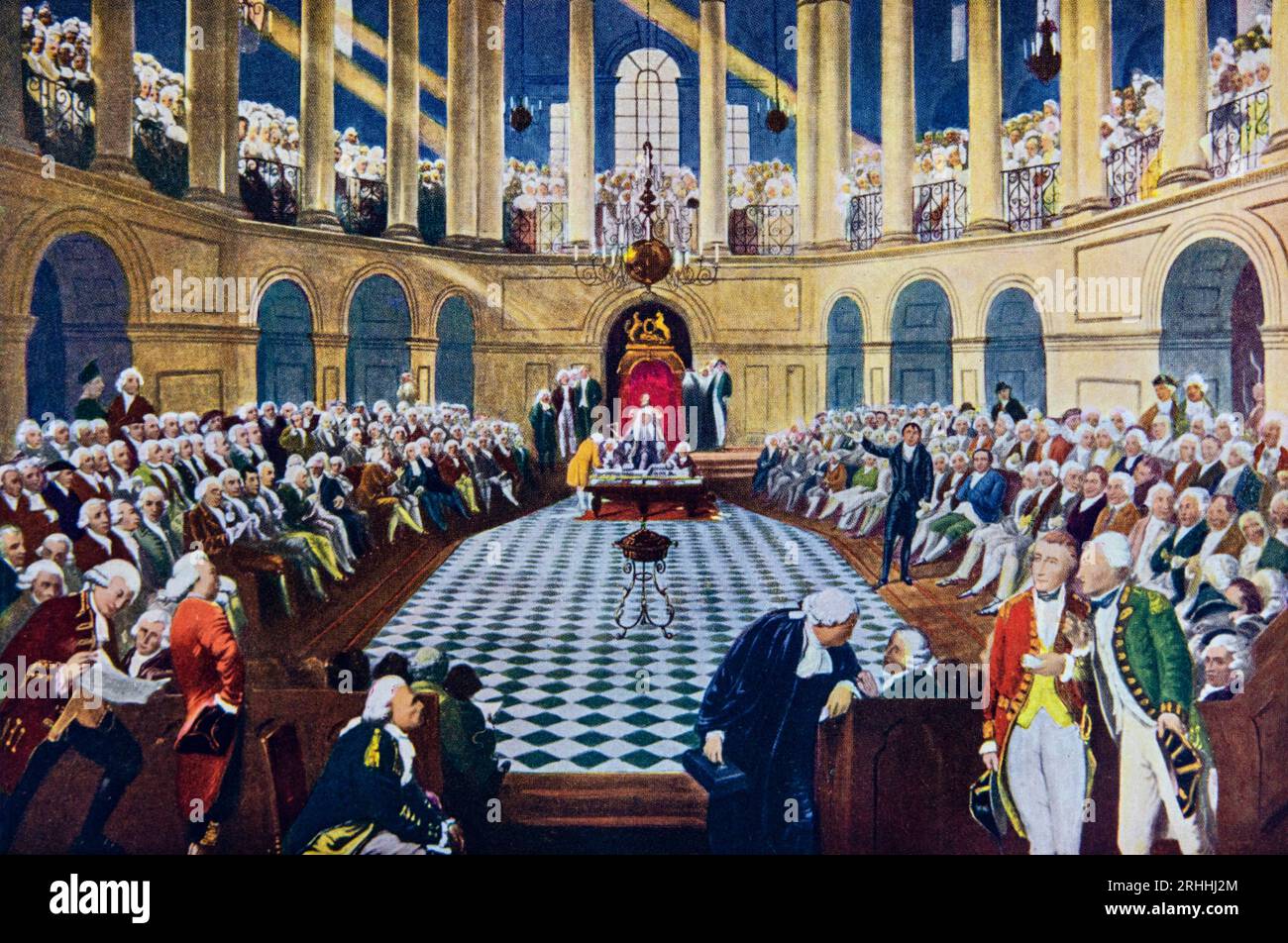 A meeting of the House of Commons in the Parliament of Ireland, modelled on the English Parliament. It comprised of two chambers, the House of Commons and the House of Lords. The Commons was directly elected, albeit on a very restricted franchise. Parliaments met at various places until circa 1730, when the purpose-built Parliament House on College Green came into being. The Acts of Union 1800 merged the Kingdom of Ireland and Kingdom of Great Britain into the United Kingdom of Great Britain and Ireland and the parliament was merged with that of Great Britain. Stock Photo