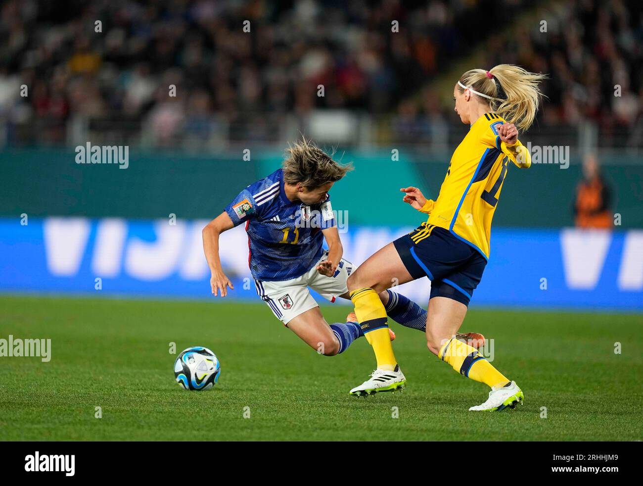 August 11 2023: Mina Tanaka (Japan) and Amanda Ilestedt (Sweden) battle for the ball during a FiFA Womens World Cup Quarter final game, Japan versus Sweden, at Eden Park, Auckland, New Zealand. Kim Price/CSM Stock Photo