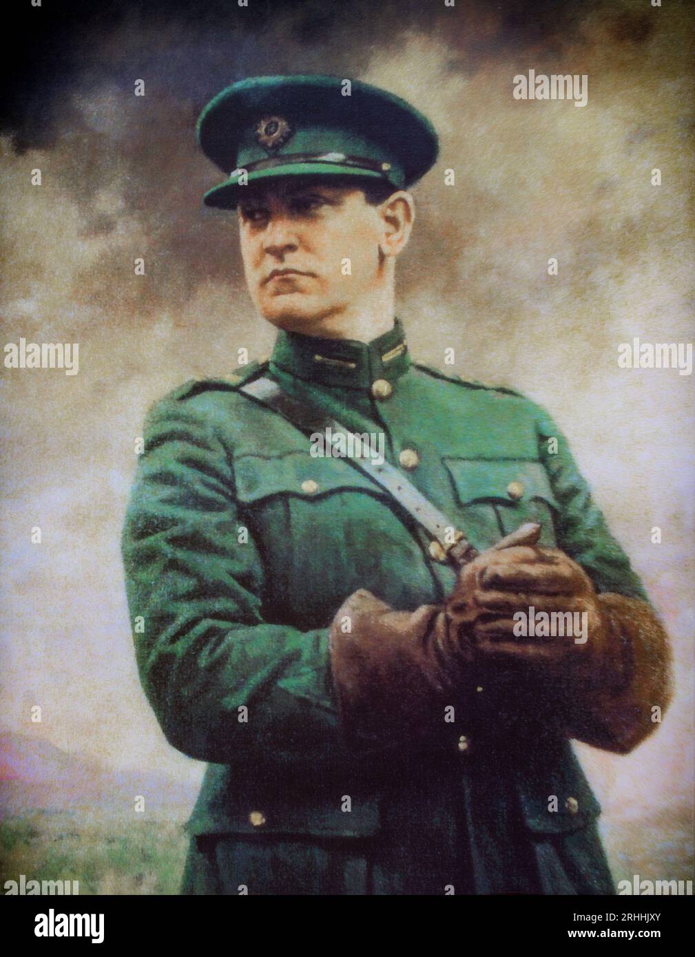 An 20th century portrait of  Michael Collins (1890-1922), Irish revolutionary, soldier and politician now hanging in the Dail. He was a leading figure in the early-20th century struggle for Irish independence who travelled to the London peace conference to negotiate a treaty. The negotiations ultimately resulted in the Anglo-Irish Treaty which was signed on 6 December 1921. He was Chairman of the Provisional Government of the Irish Free State from January 1922 and commander-in-chief of the National Army from July until his death in an ambush in August 1922, during the Civil War. Stock Photo