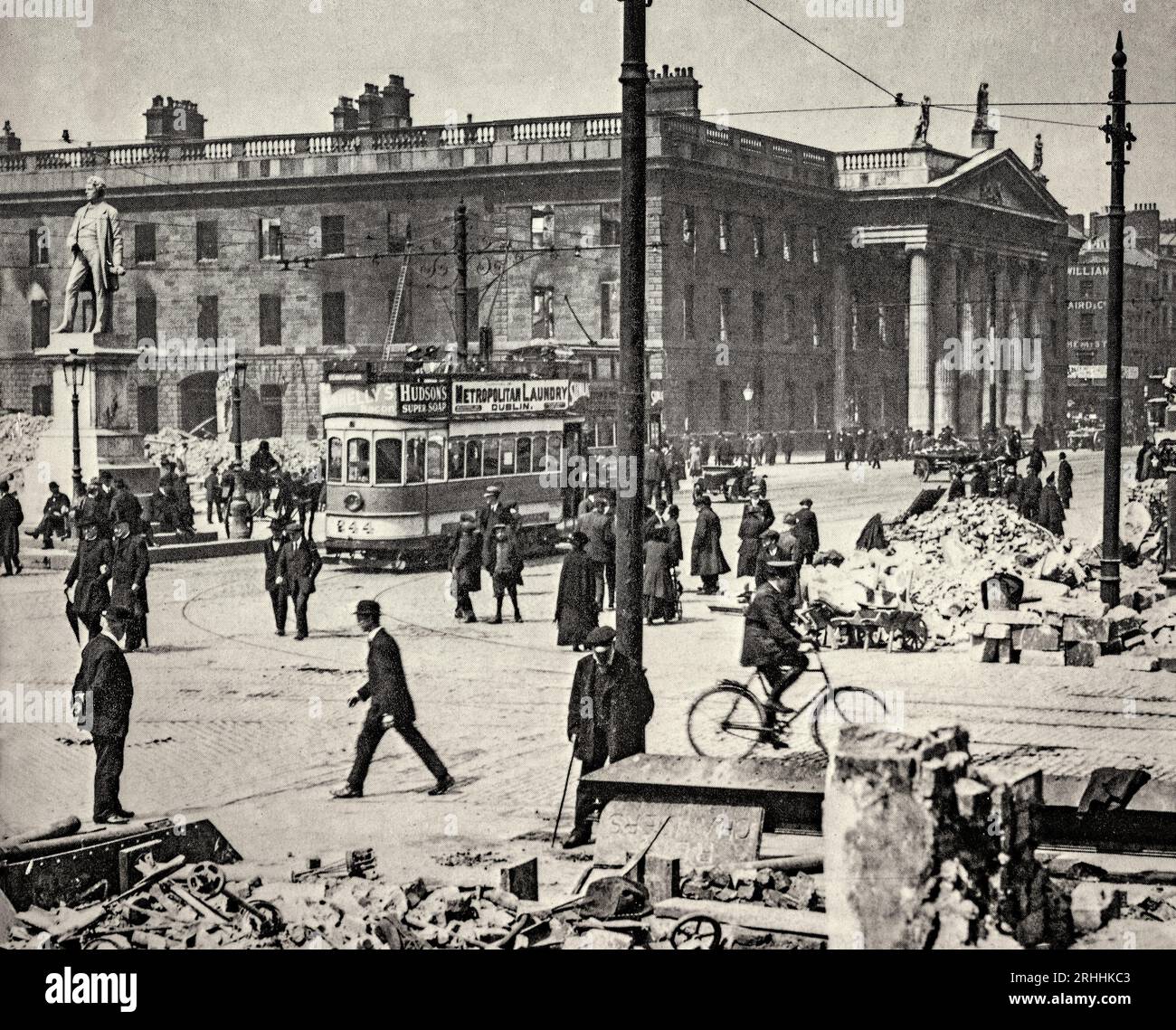 An early 20th century photograph of ruined General Post Office (GPO) in Dublin's O'Connell Street (then Sackville Street) following the Easter Rising of 1916. The GPO served as the headquarters of the uprising's leaders and it was from outside this building on the 24th of April 1916, that Patrick Pearse read out the Proclamation of the Irish Republic. The building was destroyed by fire in the course of the rebellion, save for the granite facade, and not rebuilt until 1929, by the Irish Free State government. Stock Photo