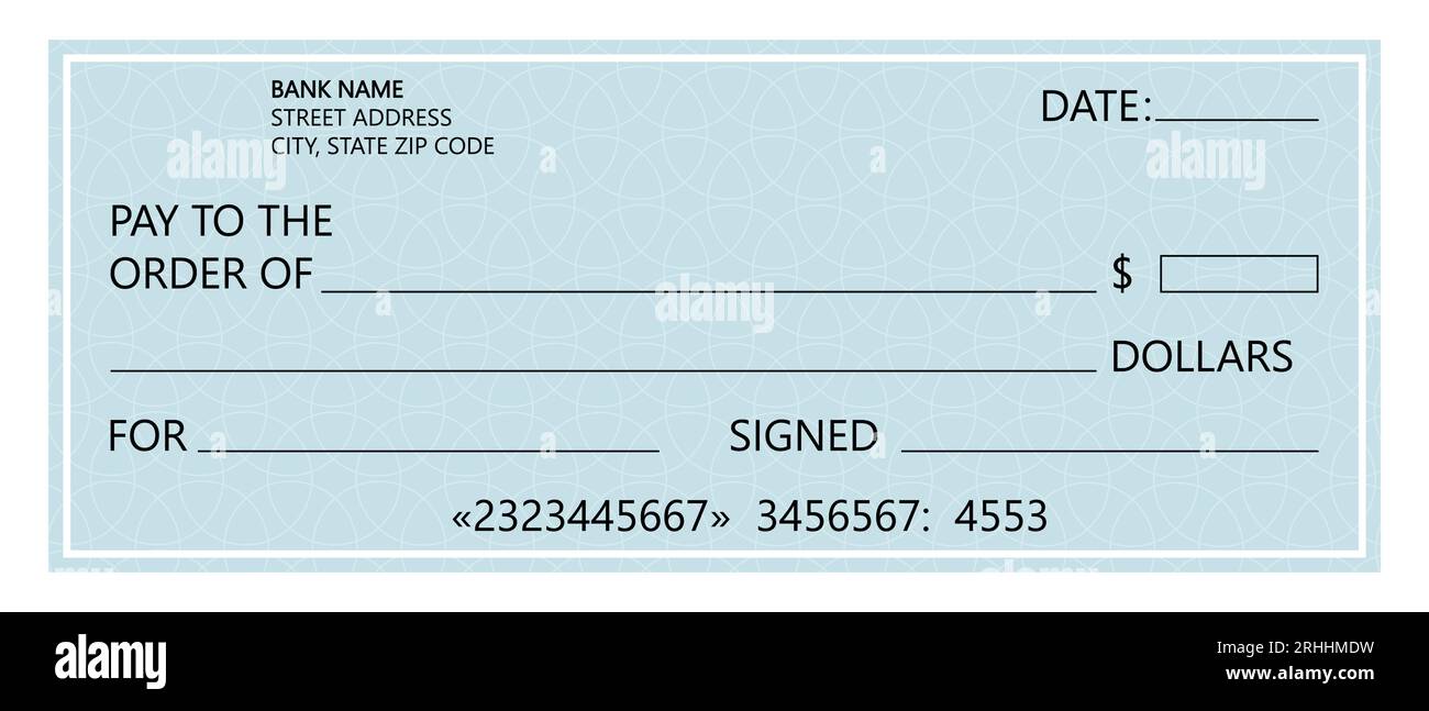 Blank bank check template. Checkbook check page with an empty fields to fill Stock Vector