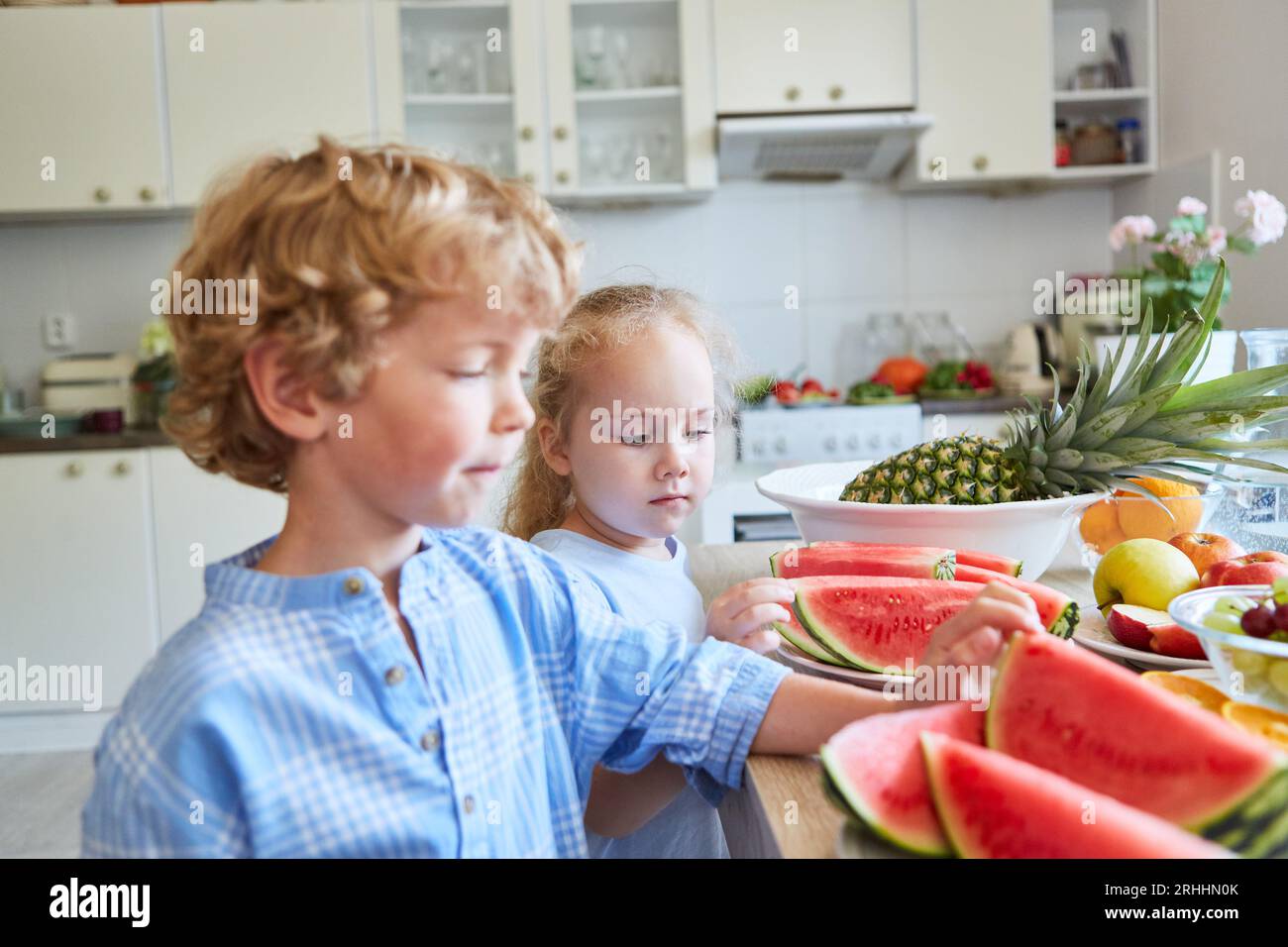 Brother and sister looking at fresh watermelon slices kept on table in kitchen at home Stock Photo