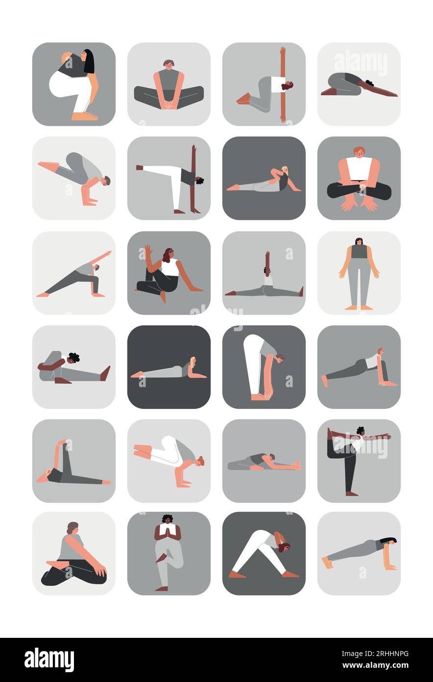 Vector illustration set for sticker pack with yoga poses. Flat monochrome collection on vertical A4 poster with asian, african and caucasian women mak Stock Vector