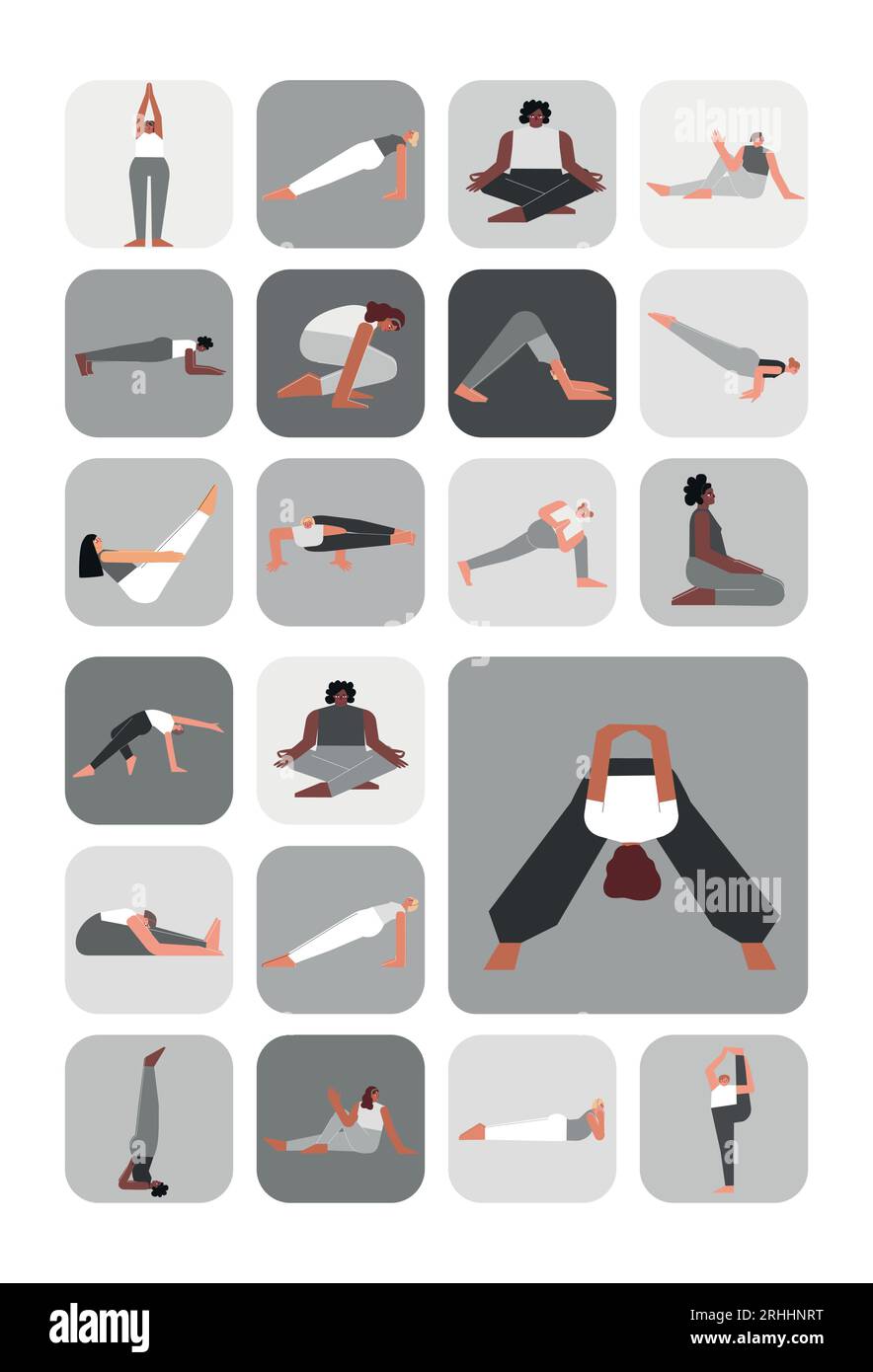 Vector illustration set for sticker pack with yoga poses. Flat monochrome collection on vertical
