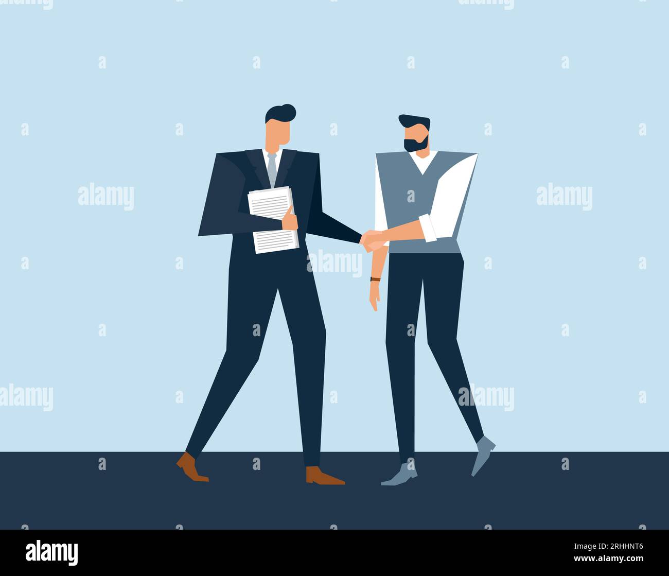 Vector business llustration with flat male characters. Concept about communication of  job seeker and HR specialist who hire expert . Handshake of men Stock Vector