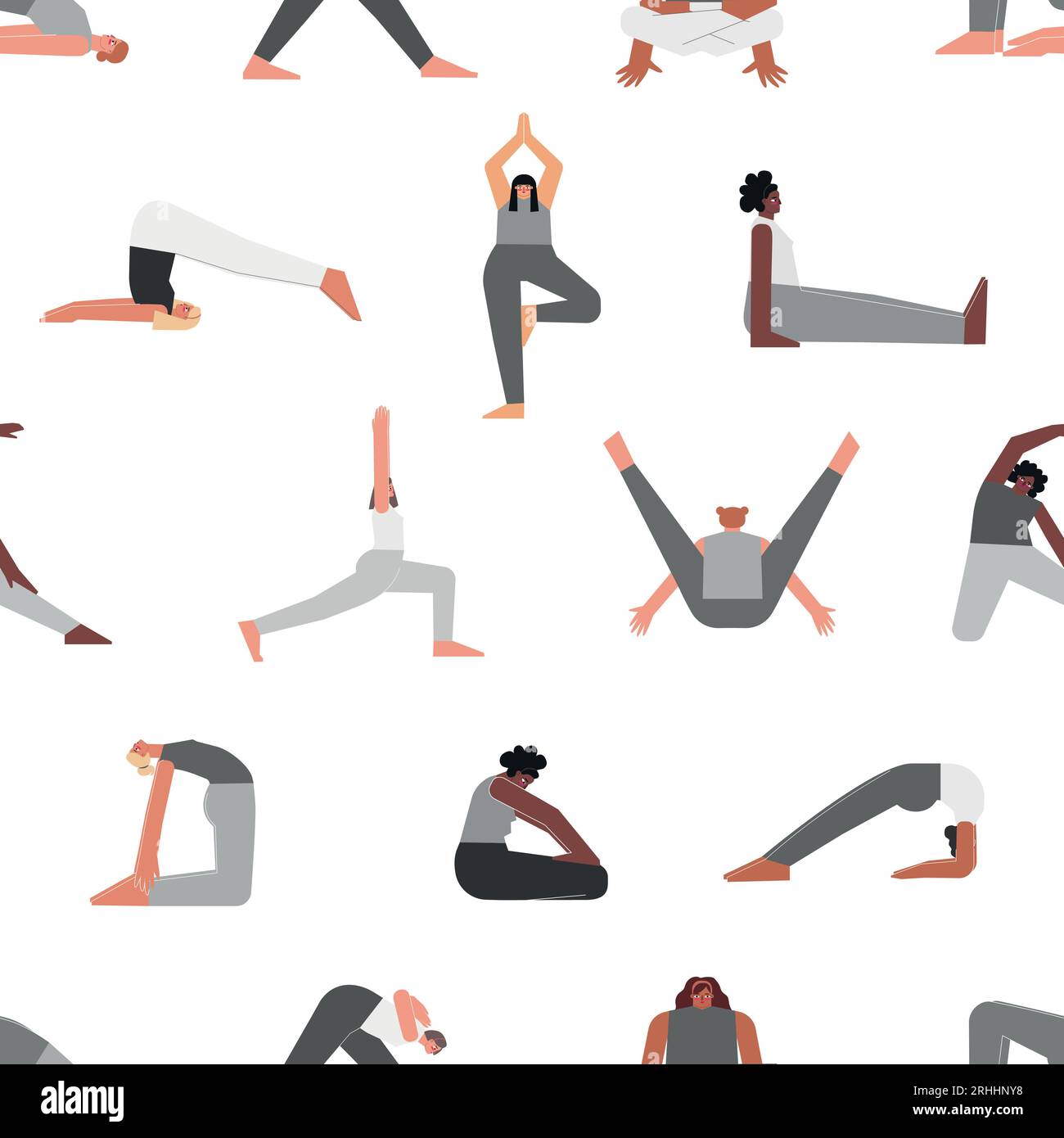 Vector seamless pattern with sport poses. Flat isolated collection with hiispanic, african american, asian women making yoga exercises: standing asana Stock Vector