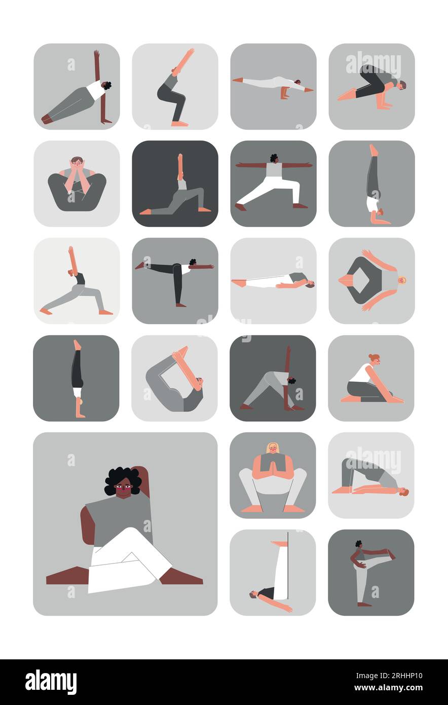 Vector illustration set for sticker pack with yoga poses. Flat monochrome collection on vertical A4 poster with asian, african and caucasian women mak Stock Vector