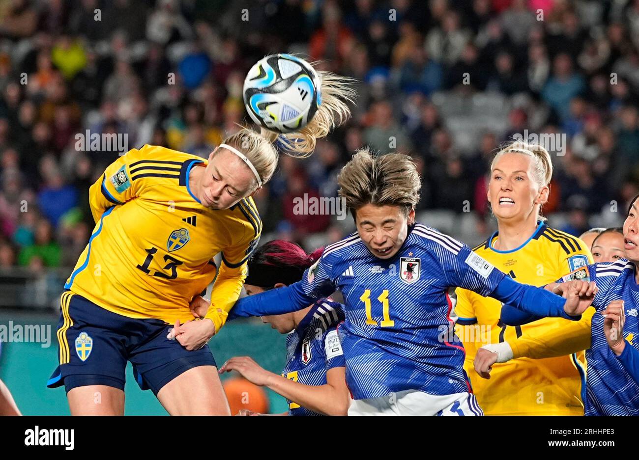 August 11 2023: Mina Tanaka (Japan) and Amanda Ilestedt (Sweden) battle for the ball during a FiFA Womens World Cup Quarter final game, Japan versus Sweden, at Eden Park, Auckland, New Zealand. Kim Price/CSM Stock Photo