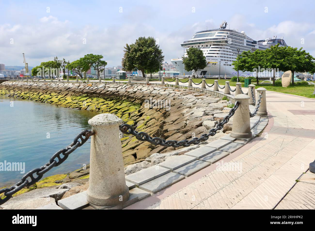 Promenade with a heavy chain guard rail at the port with the MSC ...