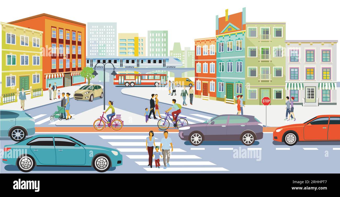 Road traffic with pedestrians, cyclists and road traffic, , illustration Stock Vector