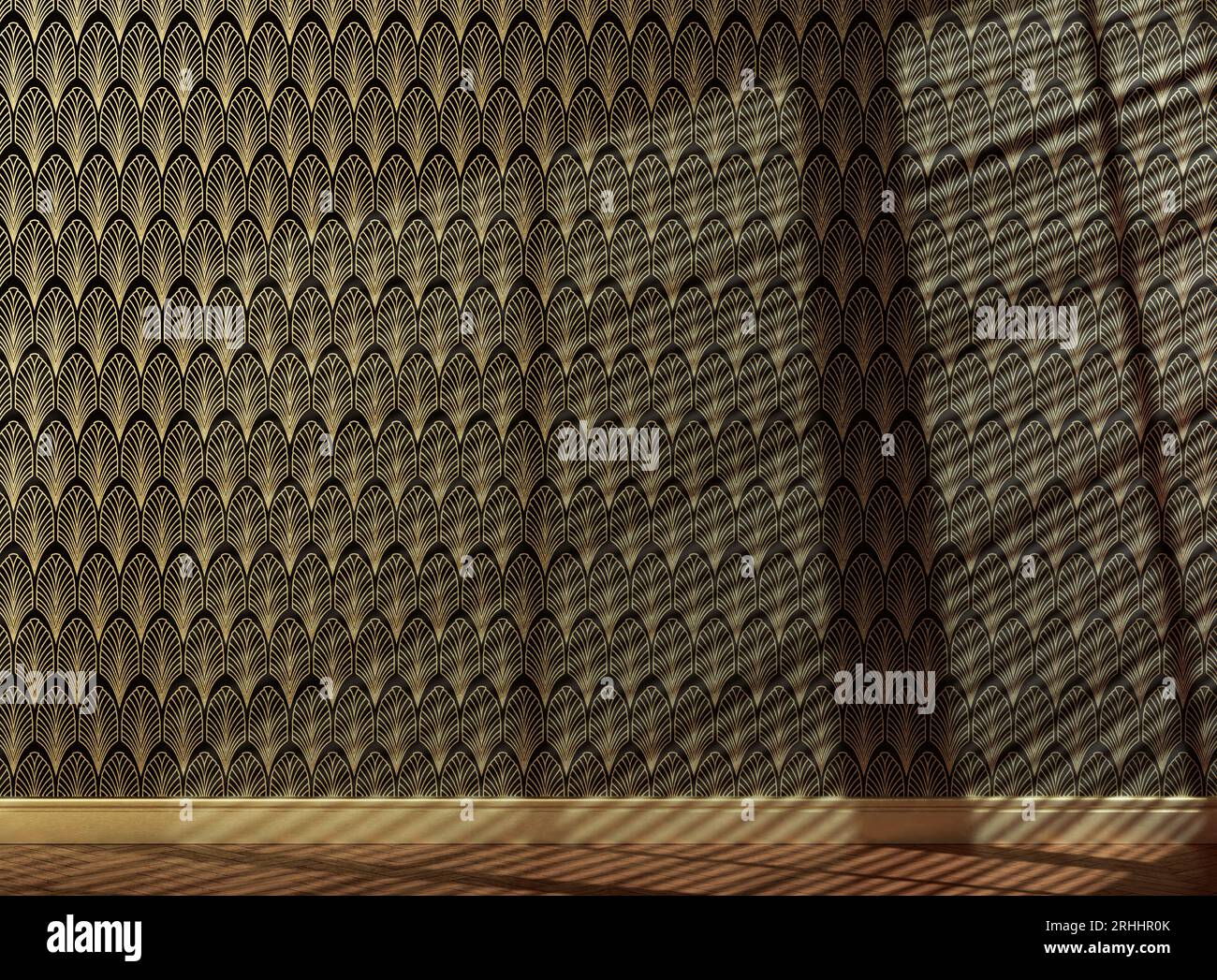 An empty room with walls clad in art deco styled wallpaper pattern in ...