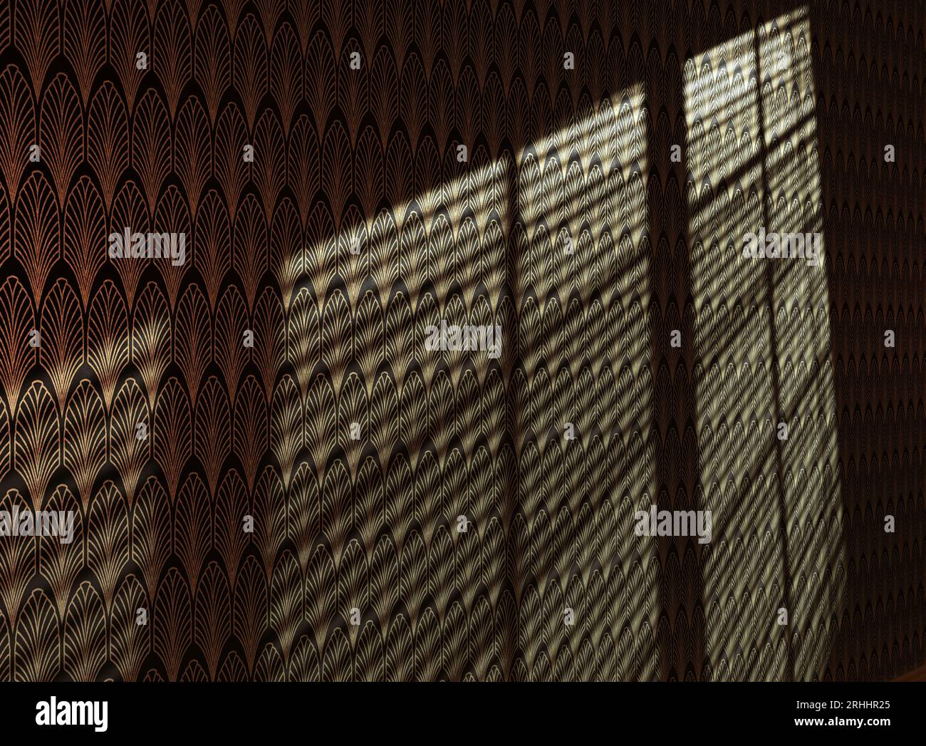 An empty room with walls clad in art deco styled wallpaper pattern in ...