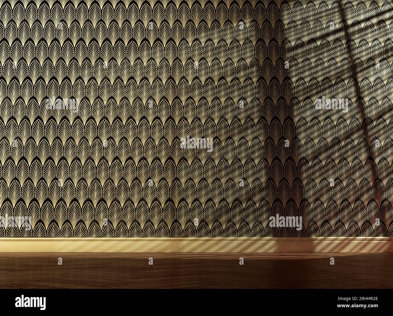 An empty room with walls clad in art deco styled wallpaper pattern in ...