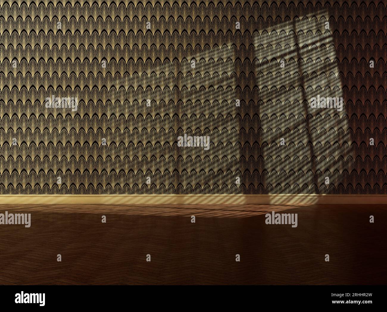 An empty room with walls clad in art deco styled wallpaper pattern in ...