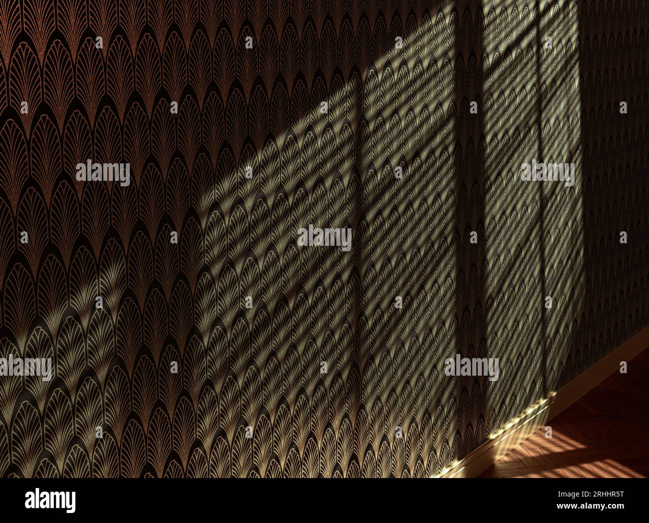 An empty room with walls clad in art deco styled wallpaper pattern in ...