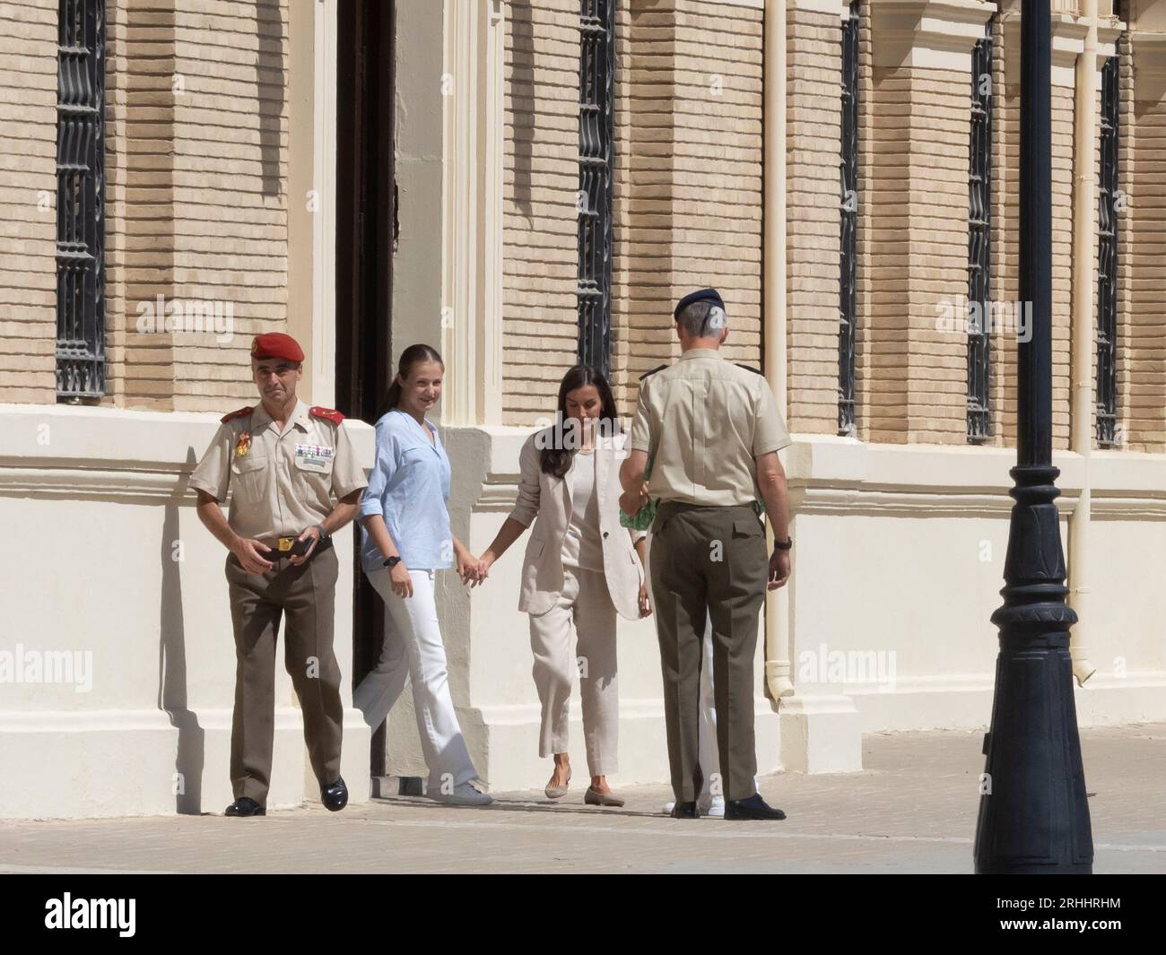 Zaragoza. Spain. 17th August, 2023. Today, the Princess of Asturias, Leonor de Borbón, has joined the Military Academy of Zaragoza to pursue her military studies. She has been accompanied by her parents, the kings of Spain, Felipe de Borbón and Letizia Ortiz, as well as her sister, the Infanta Sofía de Borbón. The princess will spend a year in this academy just like her father and grandfather did. Juan Antonio Perez/Alamy Live News Stock Photo