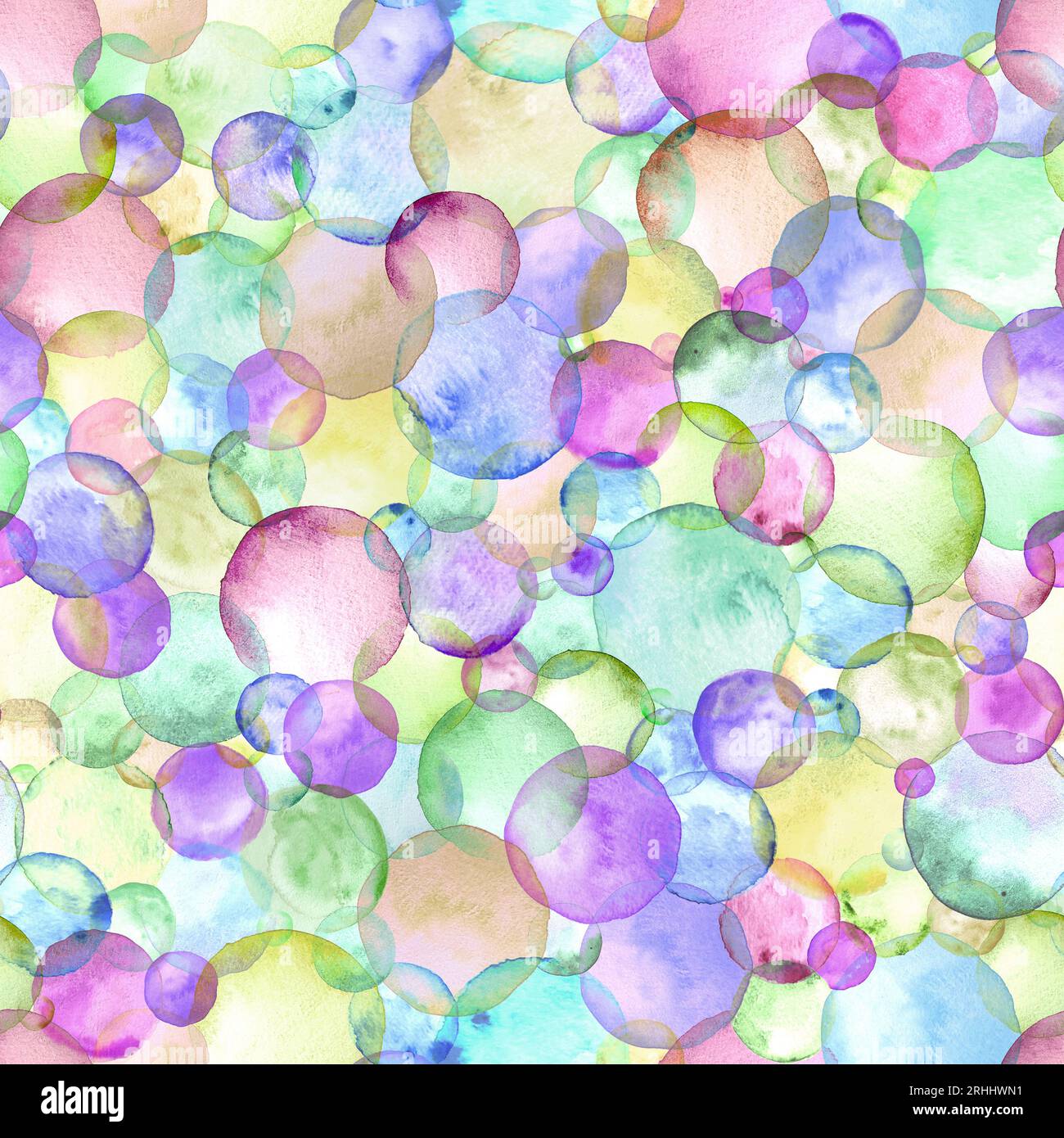 Abstract watercolor bubbles birthday party background. Hand drawn multicolor geometric shapes circles seamless pattern. Watercolour texture. Print for Stock Photo